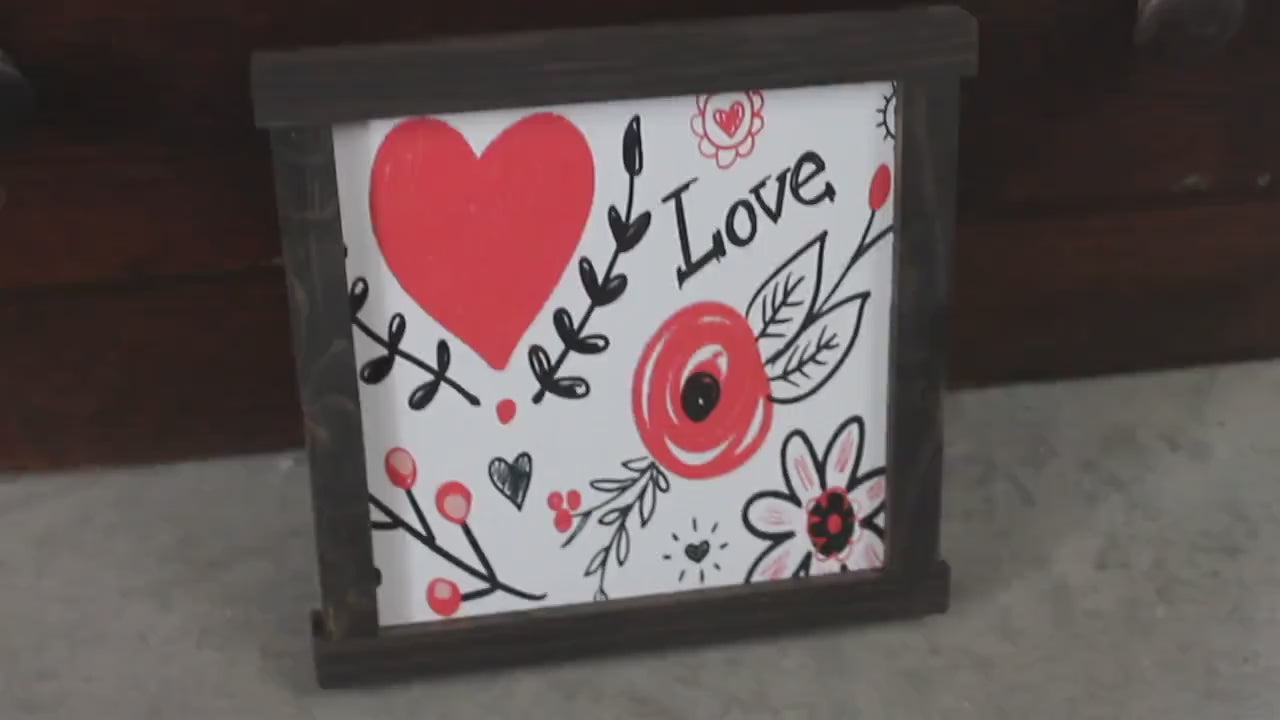 Love Floral Heart Sign – Romantic Wall Art for Bedroom or Entryway – Valentine’s Day Wood Framed Decor – Red Heart Botanical Artwork