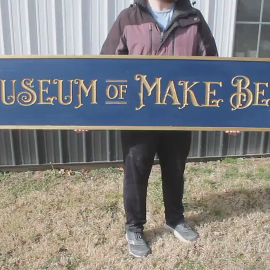 Gold Carved Make believe Museum Blue Vintage Antique Victorian Personalized Custom Wooden Etched Sign Engraved Routed Color Filled