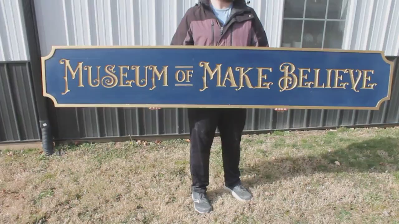 Gold Carved Make believe Museum Blue Vintage Antique Victorian Personalized Custom Wooden Etched Sign Engraved Routed Color Filled