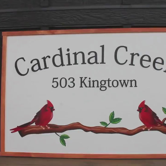 Cardinal Bird Red Address Sign Creek Printed 3D Detail Color Custom Personalized Farm Wooden Raised Handmade Framed Home Business