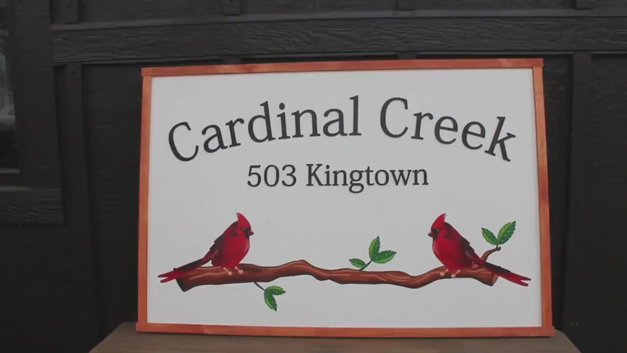 Cardinal Bird Red Address Sign Creek Printed 3D Detail Color Custom Personalized Farm Wooden Raised Handmade Framed Home Business