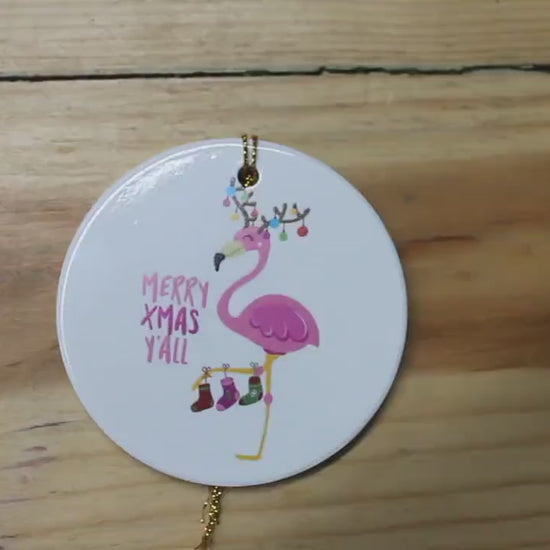 Merry XMas Yall Flamingo Holiday Ceramic Christmas tree Decoration Animal Ornament Decor Circle  Gift Hanging Circle Bird Beach Bird Ocean