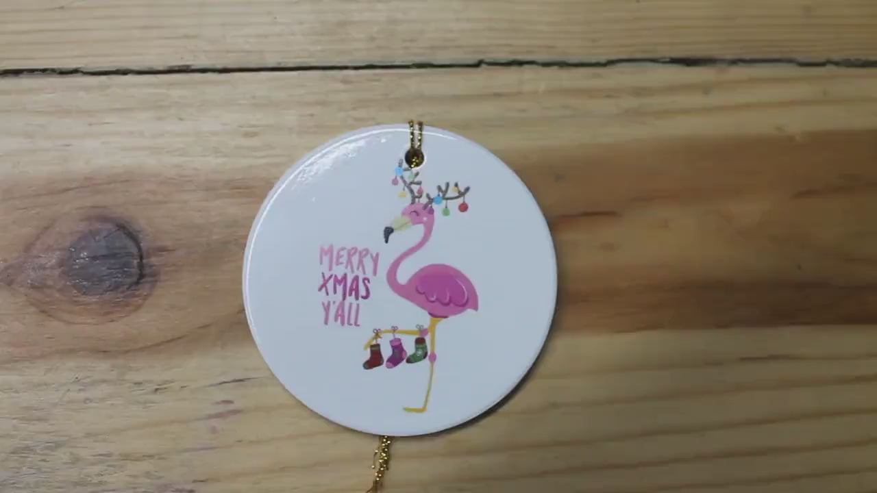 Merry XMas Yall Flamingo Holiday Ceramic Christmas tree Decoration Animal Ornament Decor Circle  Gift Hanging Circle Bird Beach Bird Ocean