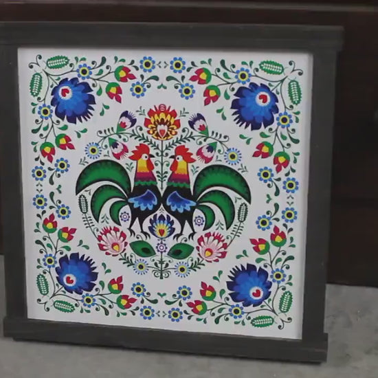 Mosaic Barn Quilt Blues Roosters Feather Flowers Bright Country Primitive Décor Print Wall Art Decoration Wall Hanging Farmhouse Rustic