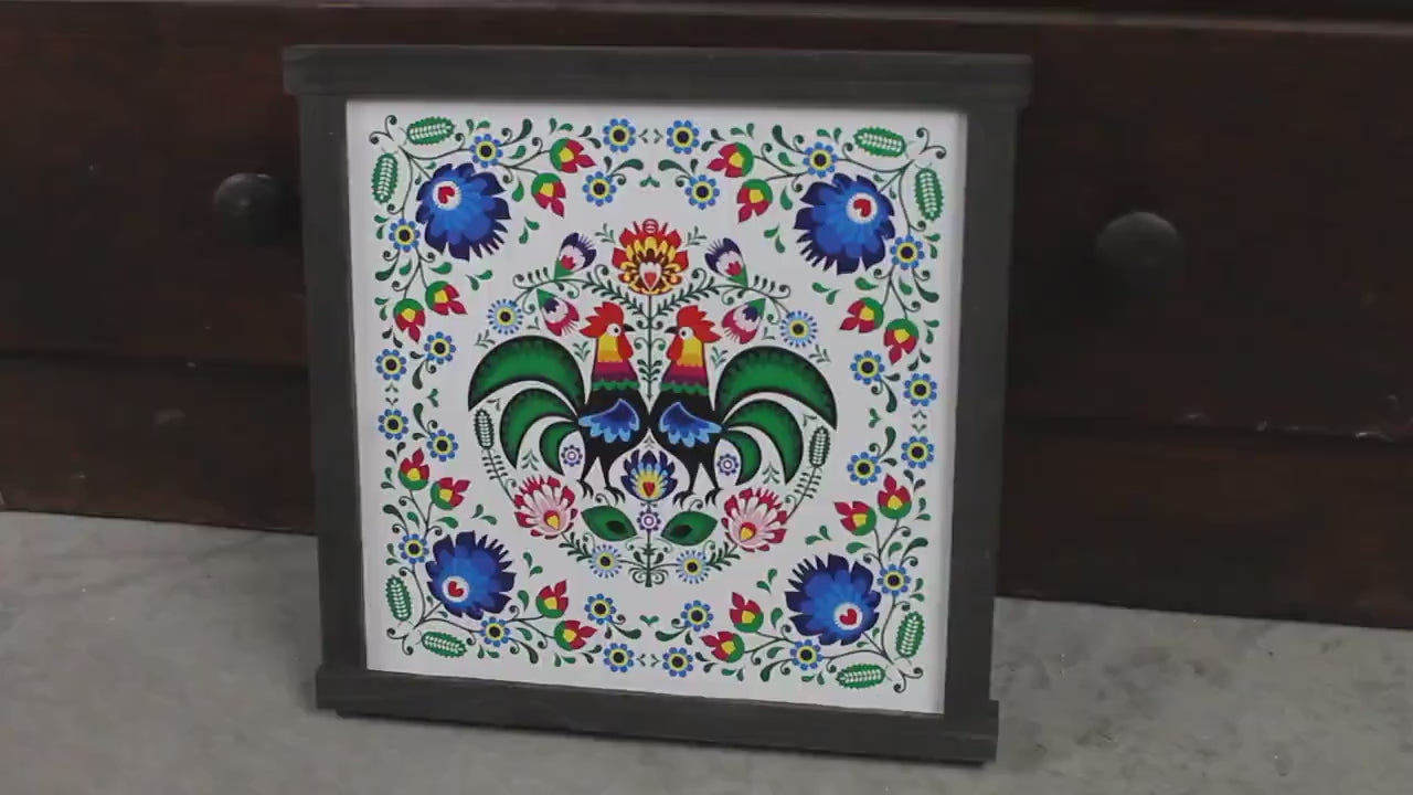 Mosaic Barn Quilt Blues Roosters Feather Flowers Bright Country Primitive Décor Print Wall Art Decoration Wall Hanging Farmhouse Rustic