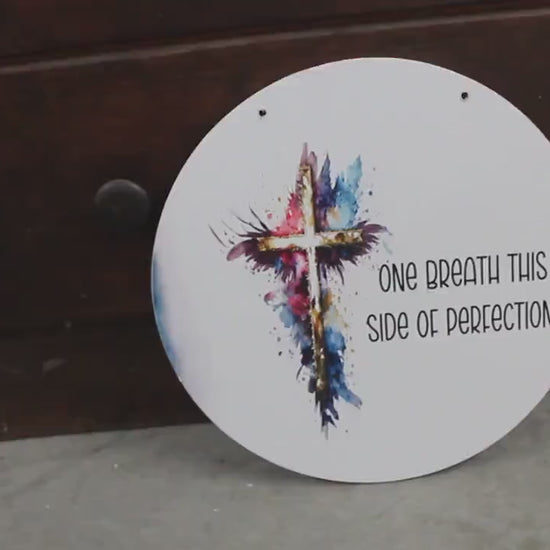 Cross Resurrection One Breath Perfection Jesus Faith Wall Hanger Wreath Sign Door Hanger Round Front Door Entry Way Decor Plaque Wood Print