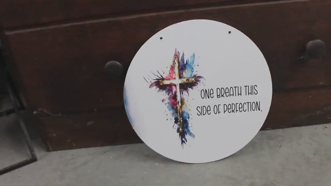 Cross Resurrection One Breath Perfection Jesus Faith Wall Hanger Wreath Sign Door Hanger Round Front Door Entry Way Decor Plaque Wood Print