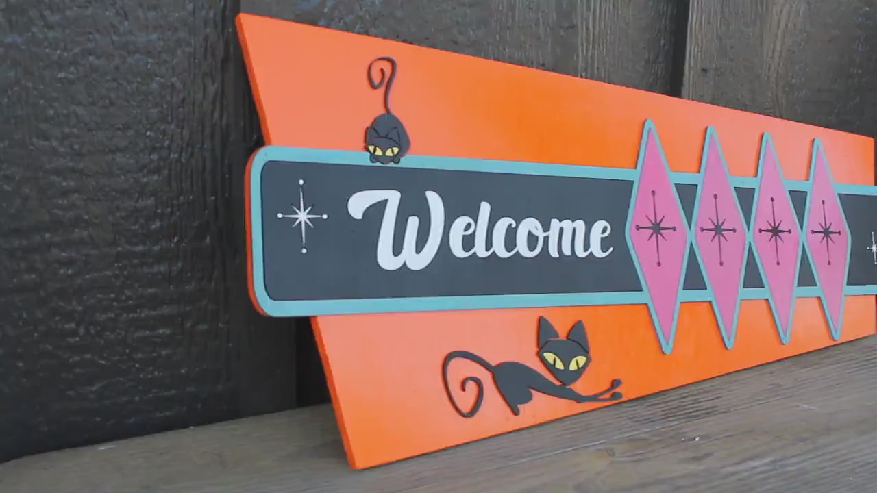 Welcome MCM Mid Century Modern Retro Cat Vintage Groovy Cultural Decade Swinging Bright Fun Diamond 3D Raised Handmade Wood Sign Decor