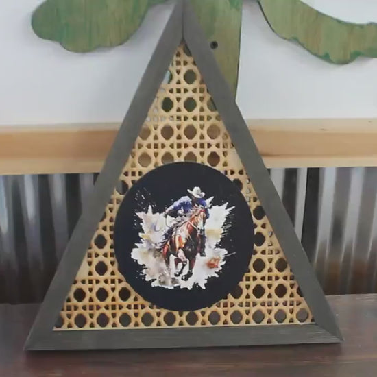 Cowboy Rattan Printed Country Cut out Bull Rider Roper Rodeo Triangle Handmade Framed 3D Handmade Art Decor Wooden Sign Raised Layered Sign