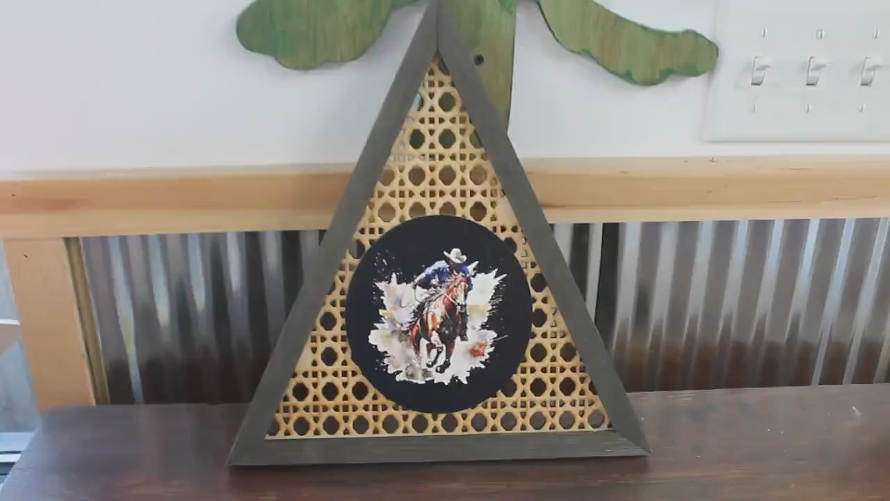 Cowboy Rattan Printed Country Cut out Bull Rider Roper Rodeo Triangle Handmade Framed 3D Handmade Art Decor Wooden Sign Raised Layered Sign