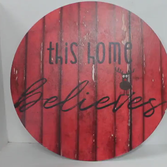 This House Believes Wreath Sign Red Barn Reindeer Wood Door Hanger Round Front Door Entry Way Decor Plaque Wall Art Wood Print