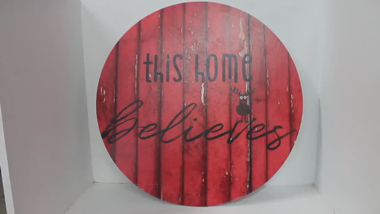 This House Believes Wreath Sign Red Barn Reindeer Wood Door Hanger Round Front Door Entry Way Decor Plaque Wall Art Wood Print