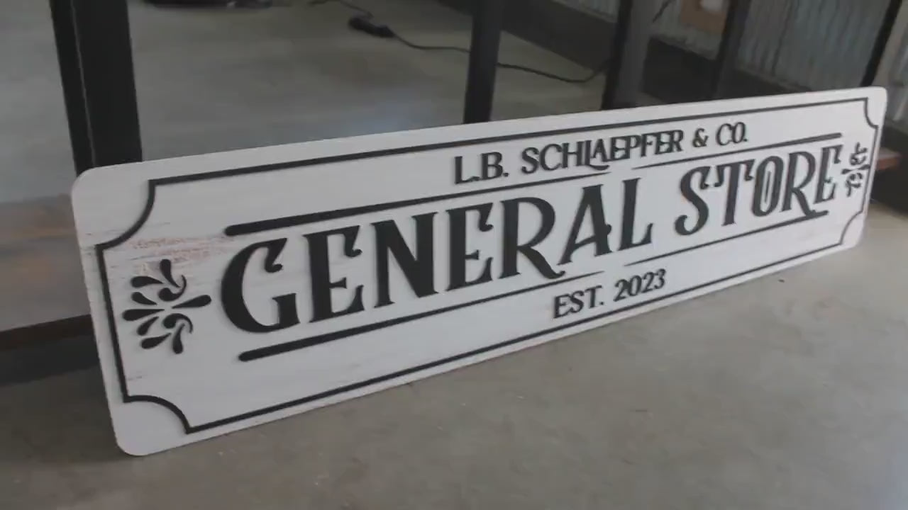 Custom General Store Wood Sign – Vintage Business Name Plaque for Rustic Farmhouse or Shop Decor 3D