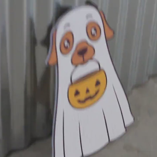 Ghost Dog Costume Cute Lab Golden Retriever Jack-o'-lantern Boo Window Hanging Decorative UV Wood Sign Adorable Signage Halloween Candy
