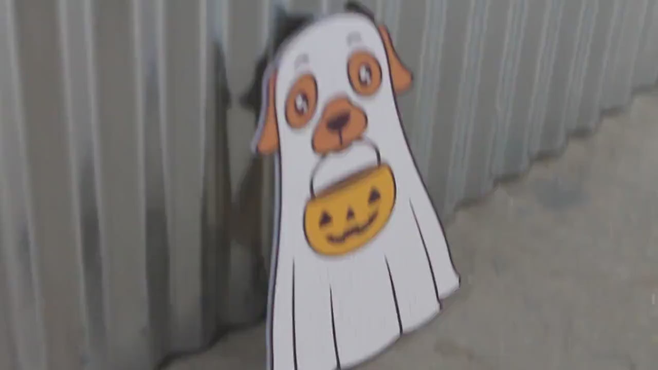 Ghost Dog Costume Cute Lab Golden Retriever Jack-o'-lantern Boo Window Hanging Decorative UV Wood Sign Adorable Signage Halloween Candy