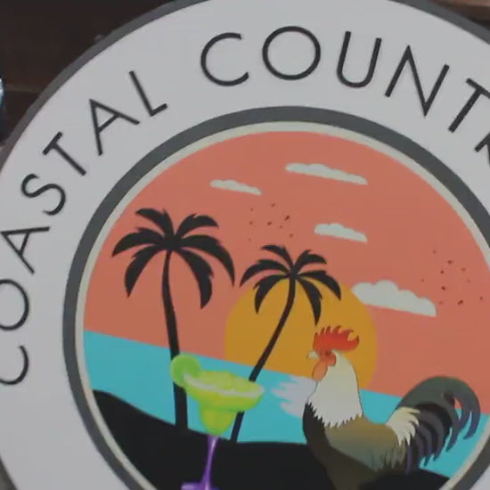 Custom Sign Rooster Drinks Retreat Round Coastal Country Business Commerical Signage Store Front Small Shop Logo Circle Wooden Handmade