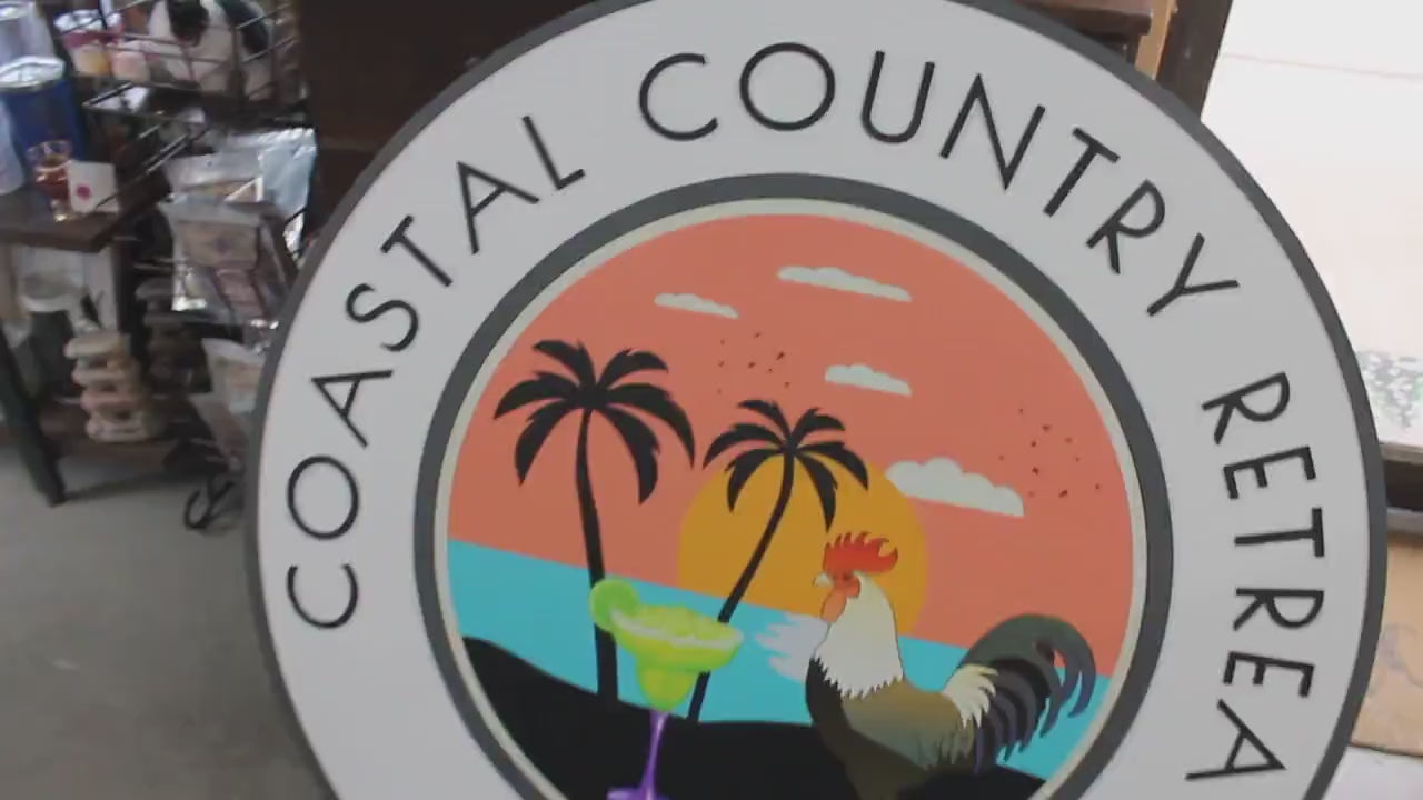 Custom Sign Rooster Drinks Retreat Round Coastal Country Business Commerical Signage Store Front Small Shop Logo Circle Wooden Handmade