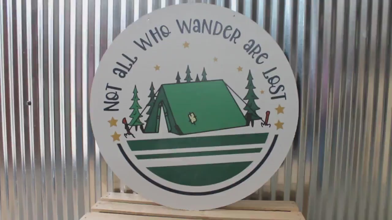 Not all Who Wander are Lost Camp Tent Summer  Wall Hanger Wreath Sign Door Hanger Round Front Door Entry Way Decor Plaque Wood Print
