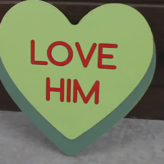 Wooden Love Him Green Candy Conversation Heart Cutout Valentines Day Gift Photography Prop Handmade Homedecor Raised 3D Sign Wall Art
