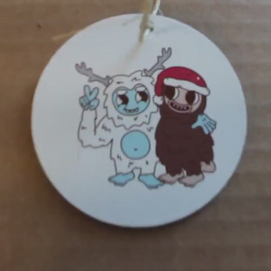 Yeti and Bigfoot Pals Besties Friends Cartoon Festive Cryptic Ornament Mythical Printed Keychain Giftable Gift for Him Gift for her Wooden