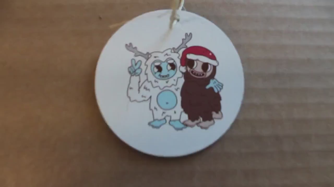 Yeti and Bigfoot Pals Besties Friends Cartoon Festive Cryptic Ornament Mythical Printed Keychain Giftable Gift for Him Gift for her Wooden