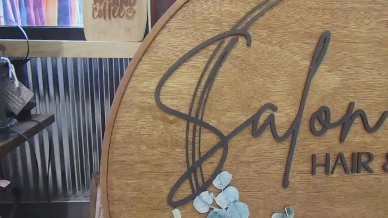 Custom Wooden Sign Salon Commerical Signage Entrance Sign Your Logo Personalized Hanging Sign Raised Letters Round Printed Image Floral