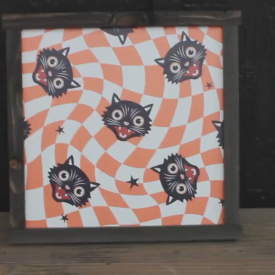 Black Cat Halloween Wall Art: Trippy Orange Checkerboard, Framed Print