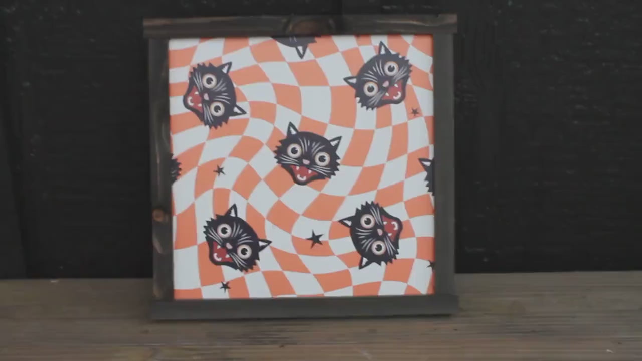 Black Cat Halloween Wall Art: Trippy Orange Checkerboard, Framed Print