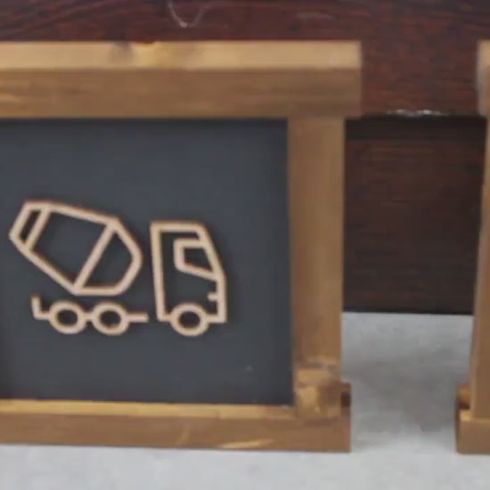Set of 3 Construction Vehicle Signs • 3D Raised Wood Wall Art • Rustic Framed Nursery Decor • Tractor Dump Truck Excavator Set
