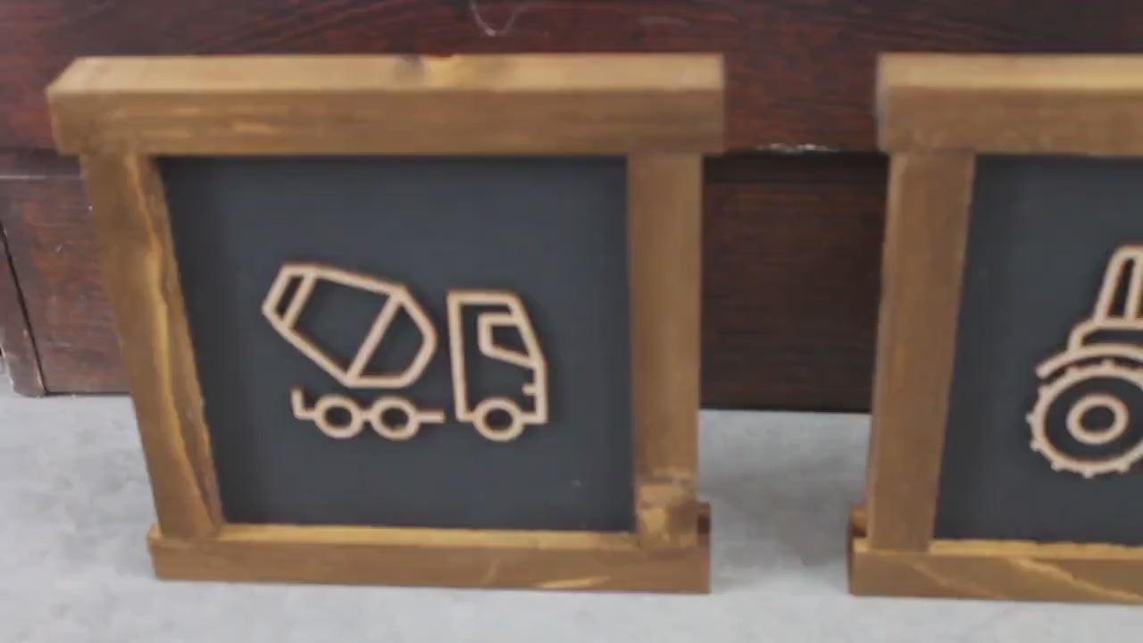 Set of 3 Construction Vehicle Signs • 3D Raised Wood Wall Art • Rustic Framed Nursery Decor • Tractor Dump Truck Excavator Set