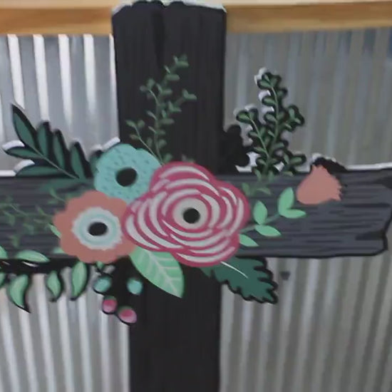 Contour Cut Cross Floral Roses Easter Christian Outdoor Weather Proof  PVC Textured Woodgrain Flowers Nailed Jesus Colorful Decor Tall