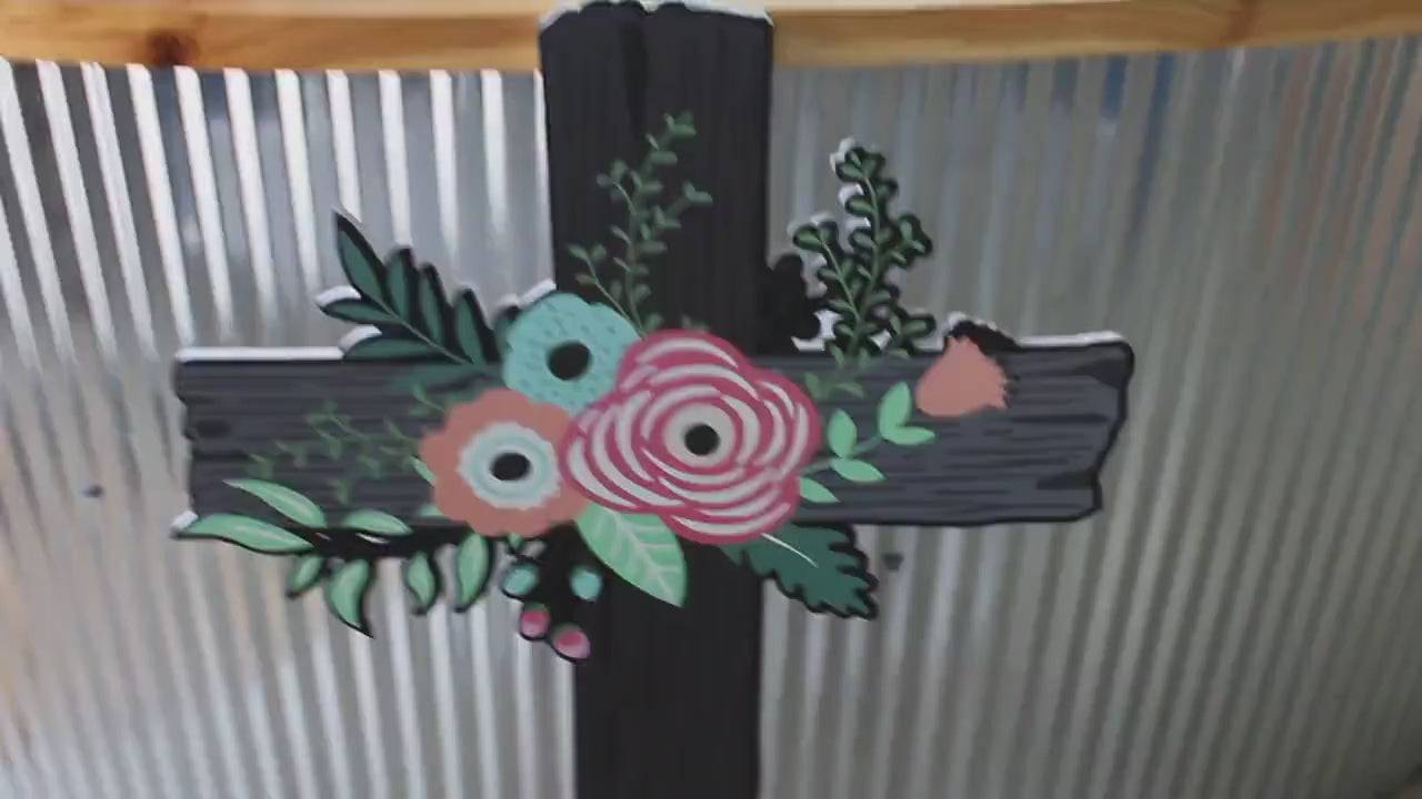 Contour Cut Cross Floral Roses Easter Christian Outdoor Weather Proof  PVC Textured Woodgrain Flowers Nailed Jesus Colorful Decor Tall