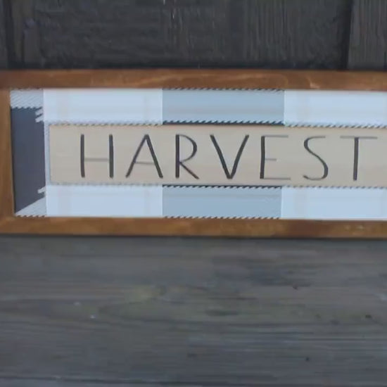Custom Printed Harvest Sign – Rustic Fall Farmhouse Wall Decor with Plaid Background, Neutral Autumn Accent for Cozy Seasonal Country Homes