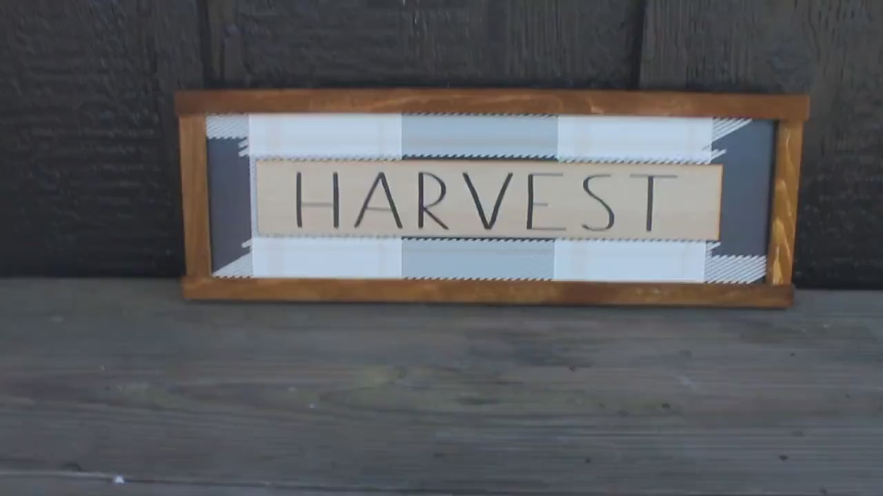 Custom Printed Harvest Sign – Rustic Fall Farmhouse Wall Decor with Plaid Background, Neutral Autumn Accent for Cozy Seasonal Country Homes