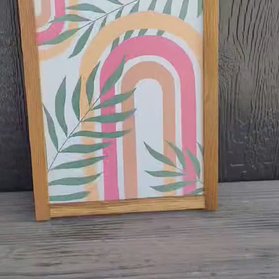 Printed Boho Rainbow Wall Art – Colorful Botanical Wood Framed Sign – Modern Nursery or Entryway Decor – Printed Wooden Home Accent Palm