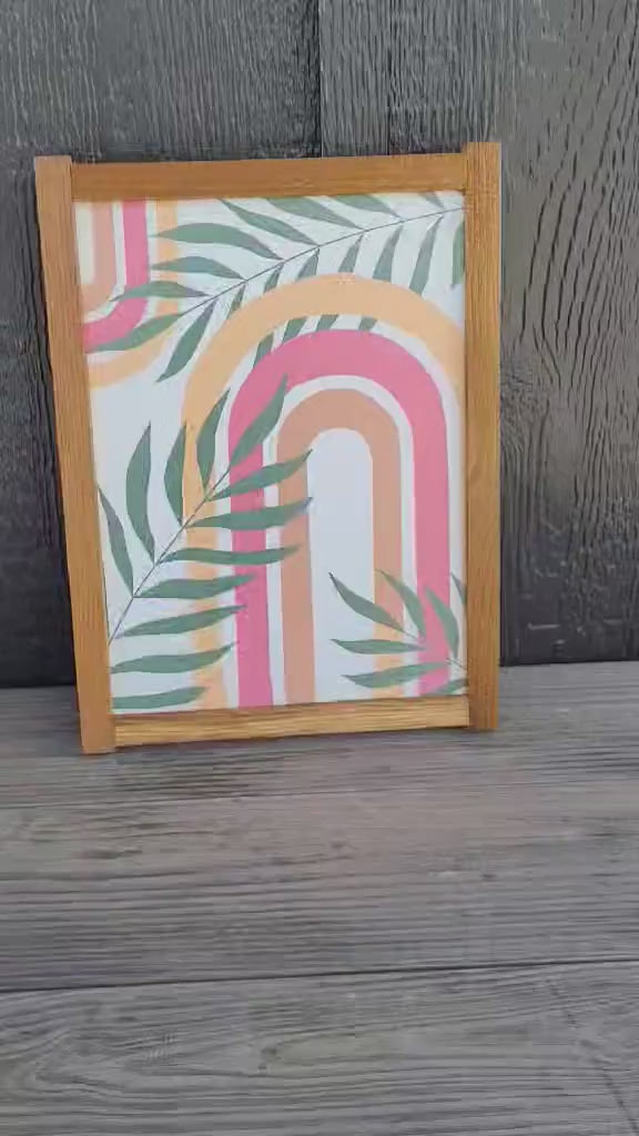 Printed Boho Rainbow Wall Art – Colorful Botanical Wood Framed Sign – Modern Nursery or Entryway Decor – Printed Wooden Home Accent Palm