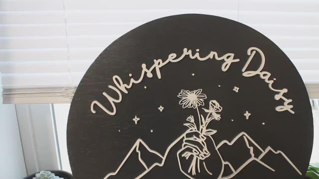 Photographer Sign, Daisy, Floral, Mountain, Photography, Custom, Business Sign, Small Business, 3D, Raised Text, Round, Outline, Line Art