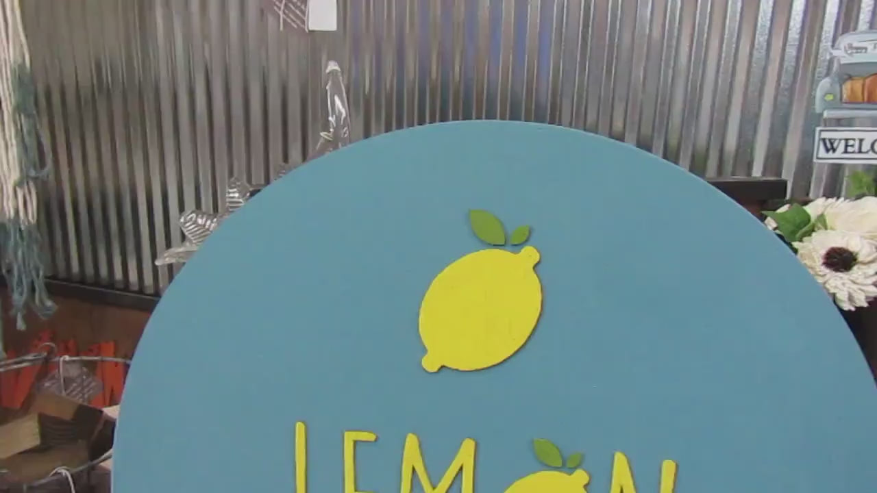Lemon Sign Laundry Lemonade Squeezy Blue Yellow Custom Commerical Signage Round Circle Sign 3D Raised Handmade Wooden Business Sign
