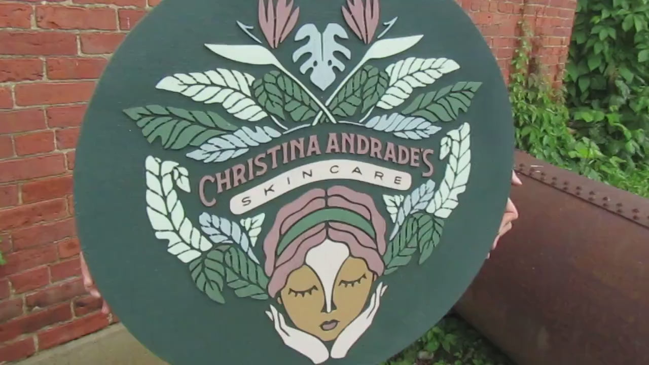 Custom Skincare Beautiful Garden Face Hands Actual Logo Spa Wellness Handmade Wooden Round Sign Commerical Signage 3D Natural Tropical