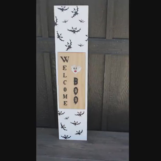 3D Layered Halloween Welcome Sign – UV Printed Bat Wall Art – Spooky Cute BOO Door Hanger – Rustic Wood Framed Fall Porch Decor