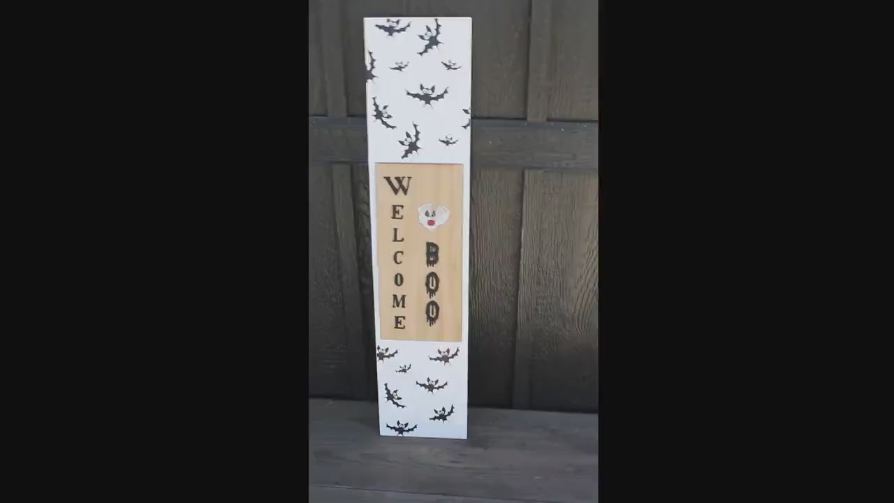 3D Layered Halloween Welcome Sign – UV Printed Bat Wall Art – Spooky Cute BOO Door Hanger – Rustic Wood Framed Fall Porch Decor