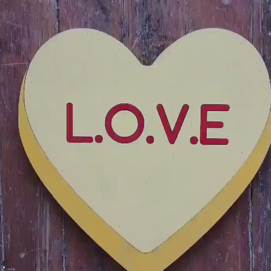 Wooden heart Yellow L.o.v.e  Candy Conversation Heart Cutout Valentines Day Gift Photography Prop Handmade Homedecor Raised 3D Sign Wall Art