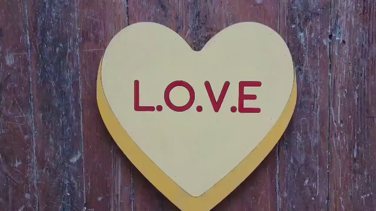 Wooden heart Yellow L.o.v.e  Candy Conversation Heart Cutout Valentines Day Gift Photography Prop Handmade Homedecor Raised 3D Sign Wall Art