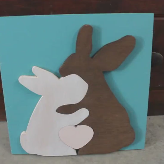 Bunny Rabbit Heart Blue Pink Family of 3 Handmade Family Easter Spring Nursery Decor 3D Raised Text Wall Décor Decoration Travel Primitive
