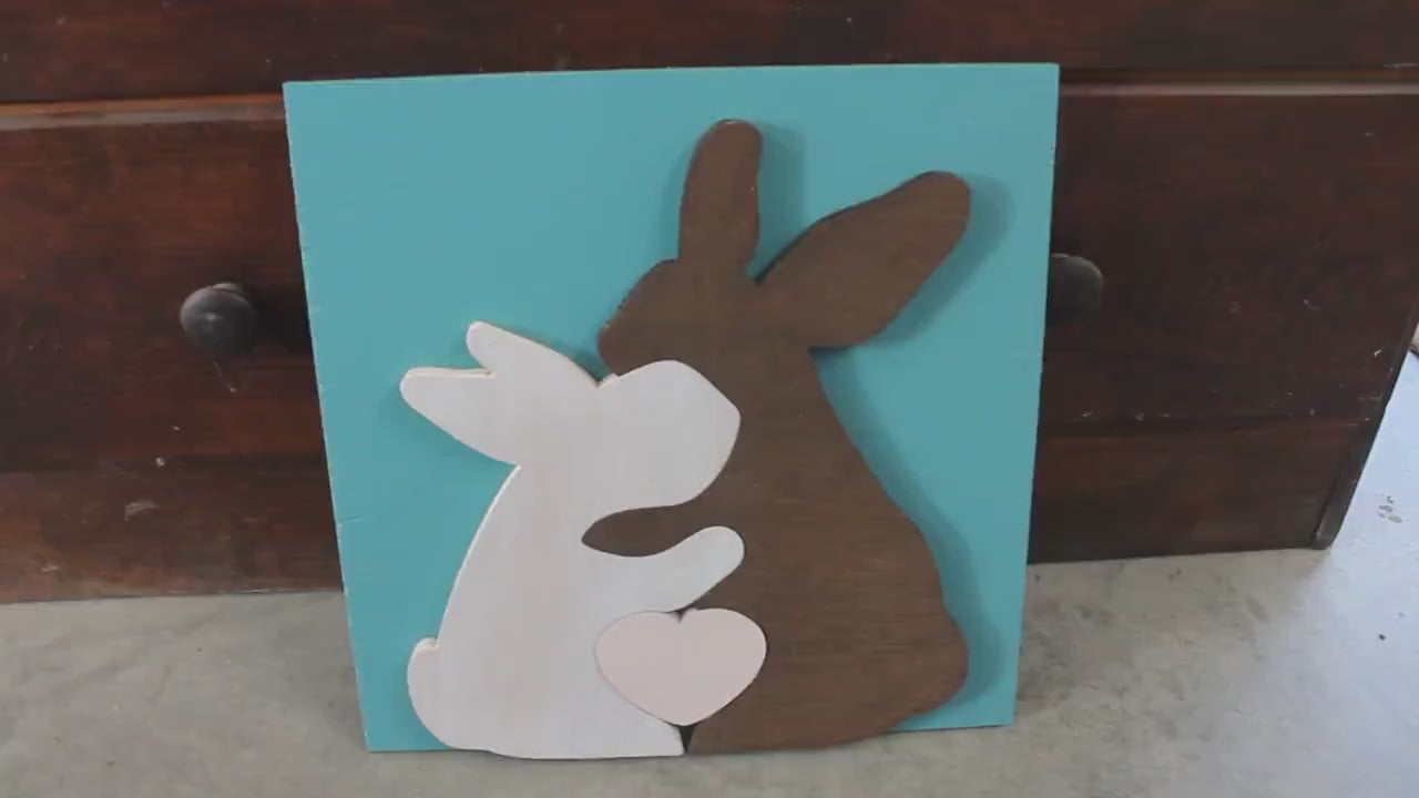Bunny Rabbit Heart Blue Pink Family of 3 Handmade Family Easter Spring Nursery Decor 3D Raised Text Wall Décor Decoration Travel Primitive