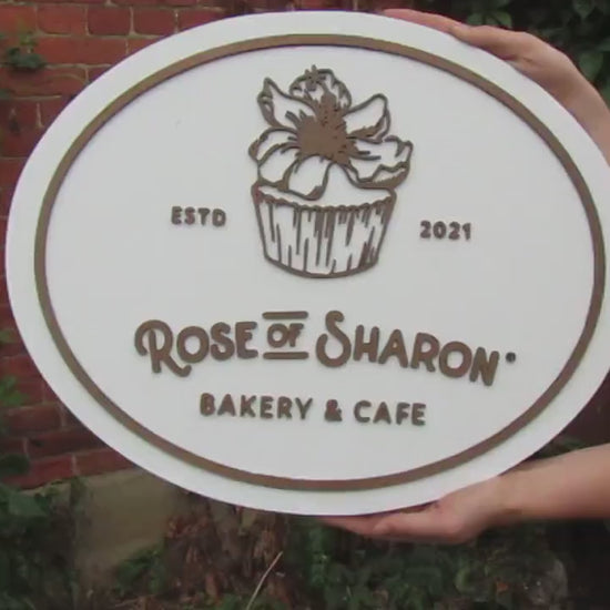 Custom Bakery And Cafe Sign Wooden Handmade Decor Cupcake Baker Rose of Sharon Your Logo Oval Commerical Signage Business Sign Restaurant