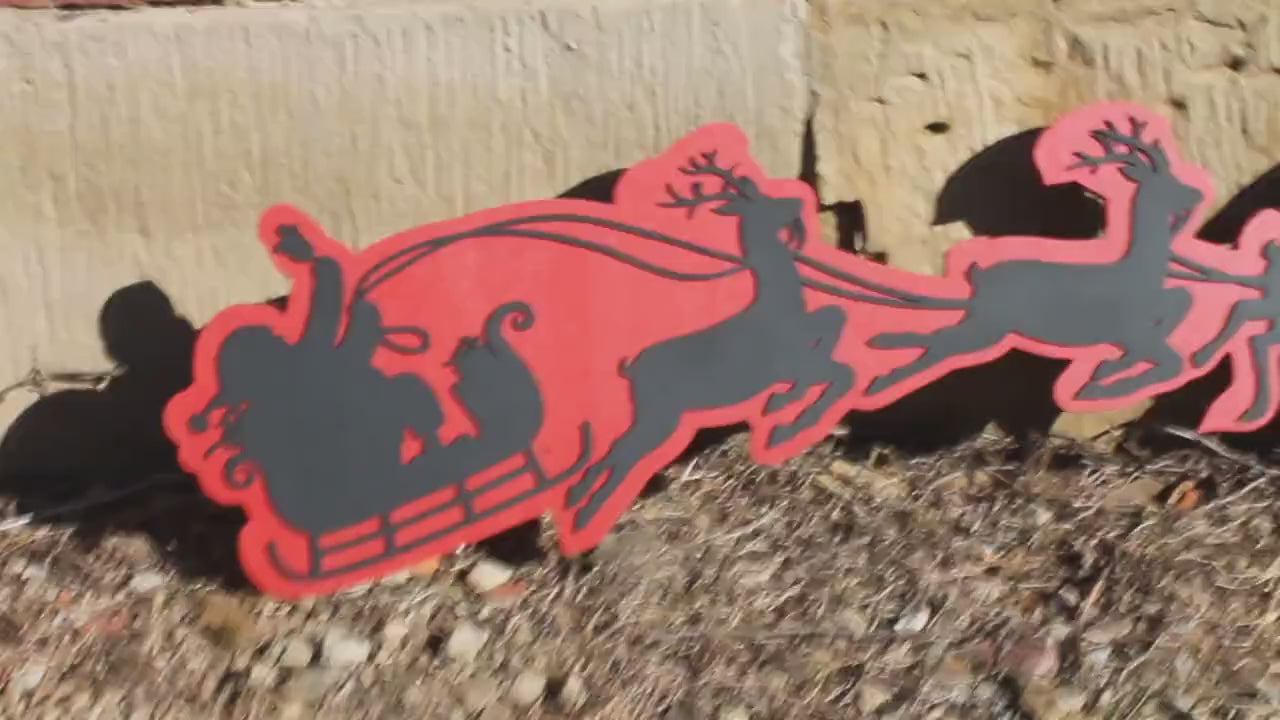 Santas Sleigh Reindeer Christmas Wooden Contour Cutout Winter St Nick Kris Kringle Flying Handmade Home Decor 3D Raised