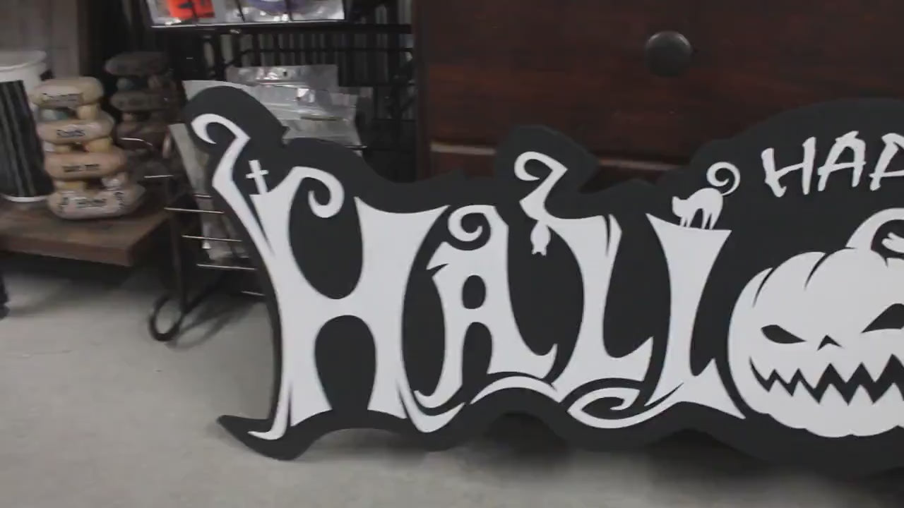 Halloween White and Black Jack O Lantern Spooky Forest Black Cat Prop Wooden Decor Fall Autumn Decoration Sign  Haunted Grave Yard Theme