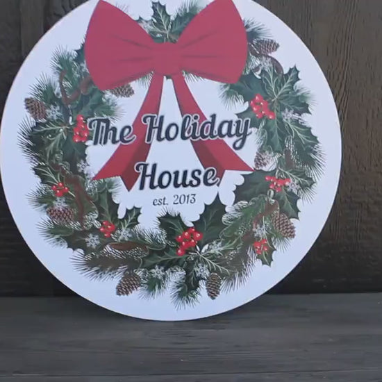 Custom Wreath Holiday Family Bow House Warming Weatherproof pvc Sign Textured Personalized Round Circle Signage hanging wall mounted