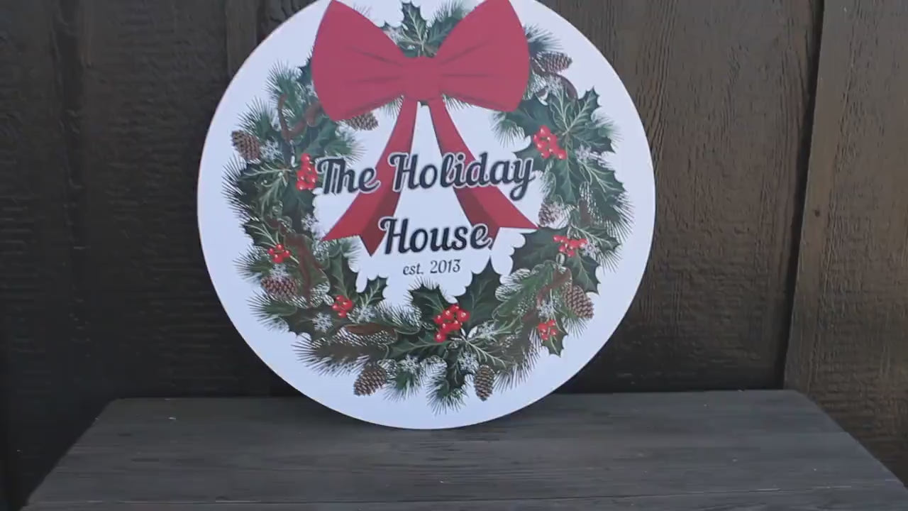 Custom Wreath Holiday Family Bow House Warming Weatherproof pvc Sign Textured Personalized Round Circle Signage hanging wall mounted